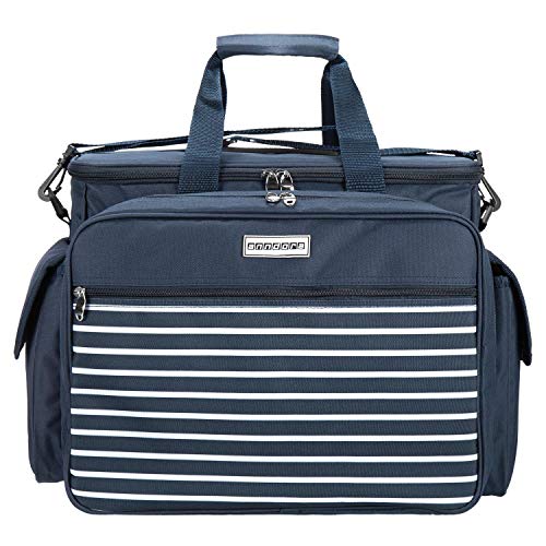 anndora Picknicktasche Kühltasche mit 32 Teile Zubehör für 4 Personen - Navy blau weiß gestreift von anndora