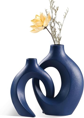 Anquephd Blau Hohle keramikvase 2er-Set, einzigartige runde Moderne Vase für nordische minimalistische Stil Dekoration, Donut Boho ästhetische Vase für Kaffee & Küche Tisch, Pampasgras.(Blau) von anquephd