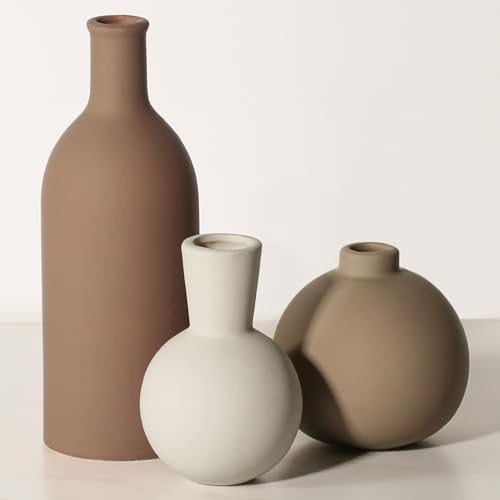 anquephd Keramik-Vasen-Set 3-teilig - Moderne Töpfervasen für Home Decor, Landhausstil Vasen in Braun, Weiß & Beige (Klein, Mittel, Groß) - Perfekt für Pampasgras und Trockenblumen von anquephd