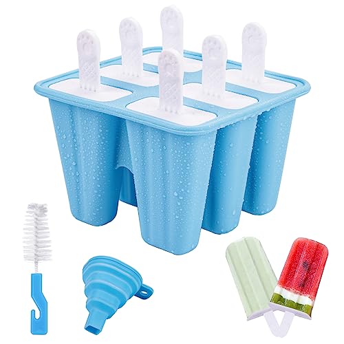 Eisformen Silikon, 6 Zellen Eis am Stiel Formen BPA Frei für Kinder, Eisformen Eis am Stiel Silikon, Popsicle Formen Set mit Reinigungsbürste und Silikon Falttrichter - Blau von anshuke