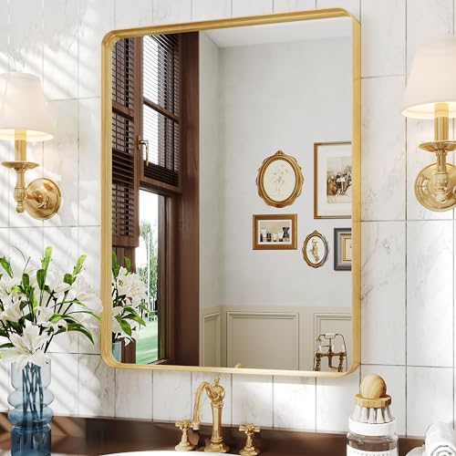 antok Badezimmerspiegel, Dekorative Wandspiegel, 55x75cm Wandspiegel für Badezimmer, gewölbte Spiegel, Badezimmerspiegel für Wohnzimmer, Schlafzimmer, Eingangsbereich, horizontal/vertikal(goldfarben) von antok