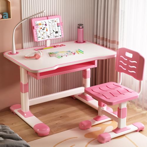 Kinder-Schreibtisch und Stuhl-Set mit LED-Licht, Schüler-Schreibtisch mit neigbarem Leseständer, Kinder-Studiertisch mit verstellbarer Höhe, ergonomischer Kleinkinder-Tischstuhl für Schlafzimmer (Rosa von anwhriet