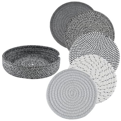 Topf Untersetzer Set, 5 Stück Topfuntersetzer platzset rund, Baumwolle Waschbar Matte Heißer Topf Halter Platzdeckchen, 5 Farben Topflappen Isolierte Platzsets für Töpfe, Pfannen und Teller,18cm von anyìshwu