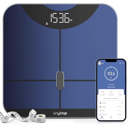 Anyloop Körperfettwaage Waage Personen Personenwaage Digital Mit APP 180 kg/400 lbs,Körperwaage Digital Bluetooth Körperanalysewaage für Körperfett,Gewicht,BMI,Pulsschlag,Muskelmasse,Protein,BMR,usw. von anyloop