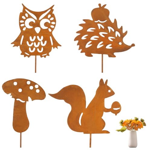 anyts Herbstdeko Gartenstecker Rost Herbstdeko, Deko Herbst Draußen 4er mit Igel Eule Pilze Eichhörnchen Metall Roststecker, Gartendeko Blumentopf Terrasse Geschenk Erntedank von anyts