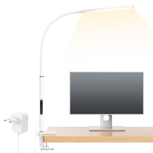 anyts LED Schreibtischlampe Klemmbar, Stufenlos Dimmbar Architektenlampe Schreibtisch mit Schwenkarm, Fernbedienung, 4 Farbtemperaturen Arbeitsleuchte für Büro von anyts