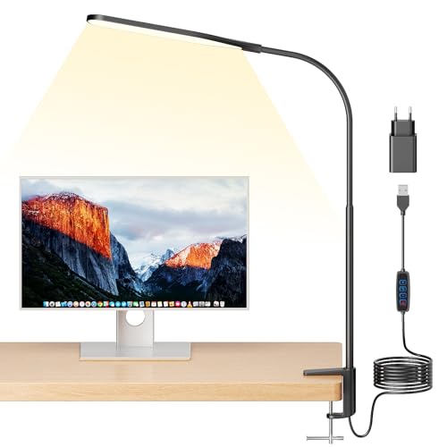anyts Schreibtischlampe LED, Schreibtischlampe Klemmbar Mit 3 Farben, 10 Helligkeiten Leselampe, Augenschonende Klemmleuchte (Schwarz) von anyts