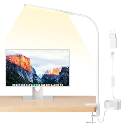 anyts Schreibtischlampe LED, Schreibtischlampe Klemmbar Mit 3 Farben, 10 Helligkeiten Leselampe, Augenschonende Klemmleuchte (Weiß) von anyts