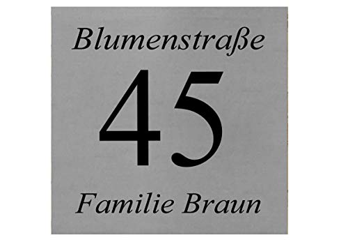 ID Hausnummer Schild mit Gravur nach Wunsch Edelstahl in 5 Größen mit 4 Bohrungen (10x10 cm) von aplusashop