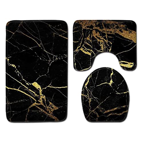 Badmatten Nicht-schlupf 3-teilige Toilettenmatte Set, Badematte + Sockelmatte + Toilettensitz Abdeckungsmatte Deckel Weiche Polyester Badezimmer Teppichteppich (50 X 80 Cm, Schwarzes Gold), Marmor von apofly