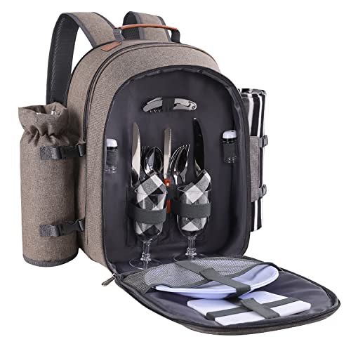 Apollo Walker Picknickrucksack Set für 2 Personen mit Kühlfach, abnehmbarem Flaschen-/Weinhalter, Fleecedecke, Teller und Besteckset (Beige) von apollo walker