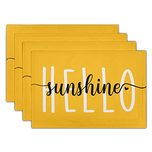 Frühling Sommer Tischsets 4er Set Waschbar Rutschfest Hitzebeständig 30,5 x 45,7 cm Gelb Hello Sunshine Dicke Platzsets Dekorative Leinenstoff Tischmatte für Esstisch Küche Heimdekoration von aportt