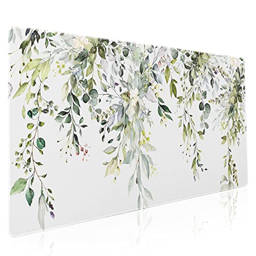 Salbeigrüne Blätter Gaming Mauspad XXL Frühling Sommer Blumen Erweiterte Große Schreibtischunterlage Weiß Großes Mauspad Rutschfeste Gummiunterseite Genähte Kante Langes Mauspad für Desktop Office von aportt