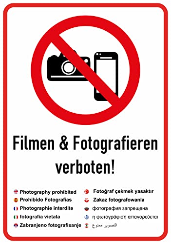 Filmen und Fotografieren verboten Aufkleber - Internationale Sprachen 16 x 22 cm Warn-Schild Selbstklebende Karte Sticker - TK76 von aprom