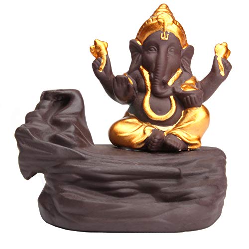Keramik Rückfluss Räucherstäbchen-Halter - Gold Ganesha Hindu Gott - Backflow Räucherkegel - Edles Design - Handarbeit (11x12x9 cm) von aqasha