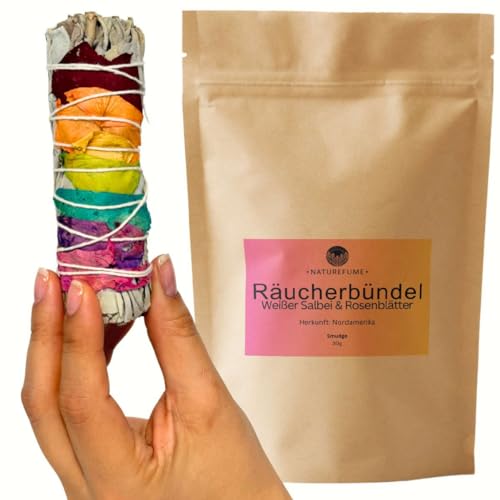 Räucherbündel | Smudge | Räucherwerk | Verschiedene Kräuter und Düfte (Weißer Salbei & Rosenblätter - 30g) von aqasha