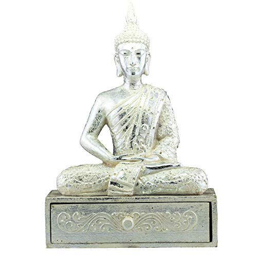 aqasha® Buddha Schatulle Figur Statue Skulptur Dekoration Handgefertigt Holz Harz Silber 30 cm x 20 cm x 15 cm von aqasha