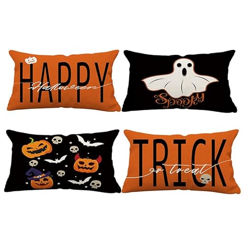 aqtoelca Halloween-Kissenbezüge, 30,5 x 73,5 cm, 4 Stück, Schwarz / Weiß / Geist / Hexe / Orange / Kürbis / Fledermaus Kissenbezug für Sofa, Couch, Wohnzimmer, Innenzimmer, Schlafzimmer, Outdoor, 3097 von aqtoelca