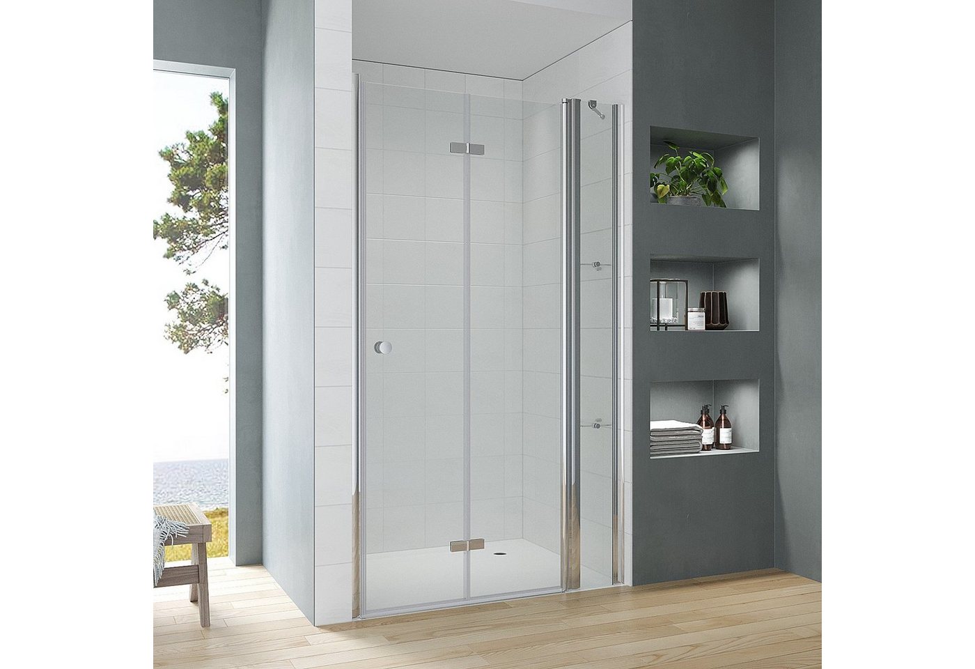 AQUABATOS Dusch-Falttür Begehbare Dusche faltbar Duschtür in Nische mit Festteil Nischentür, 90x187 cm, Einscheiben-Sicherheitsglas (ESG) 5 mm von AQUABATOS