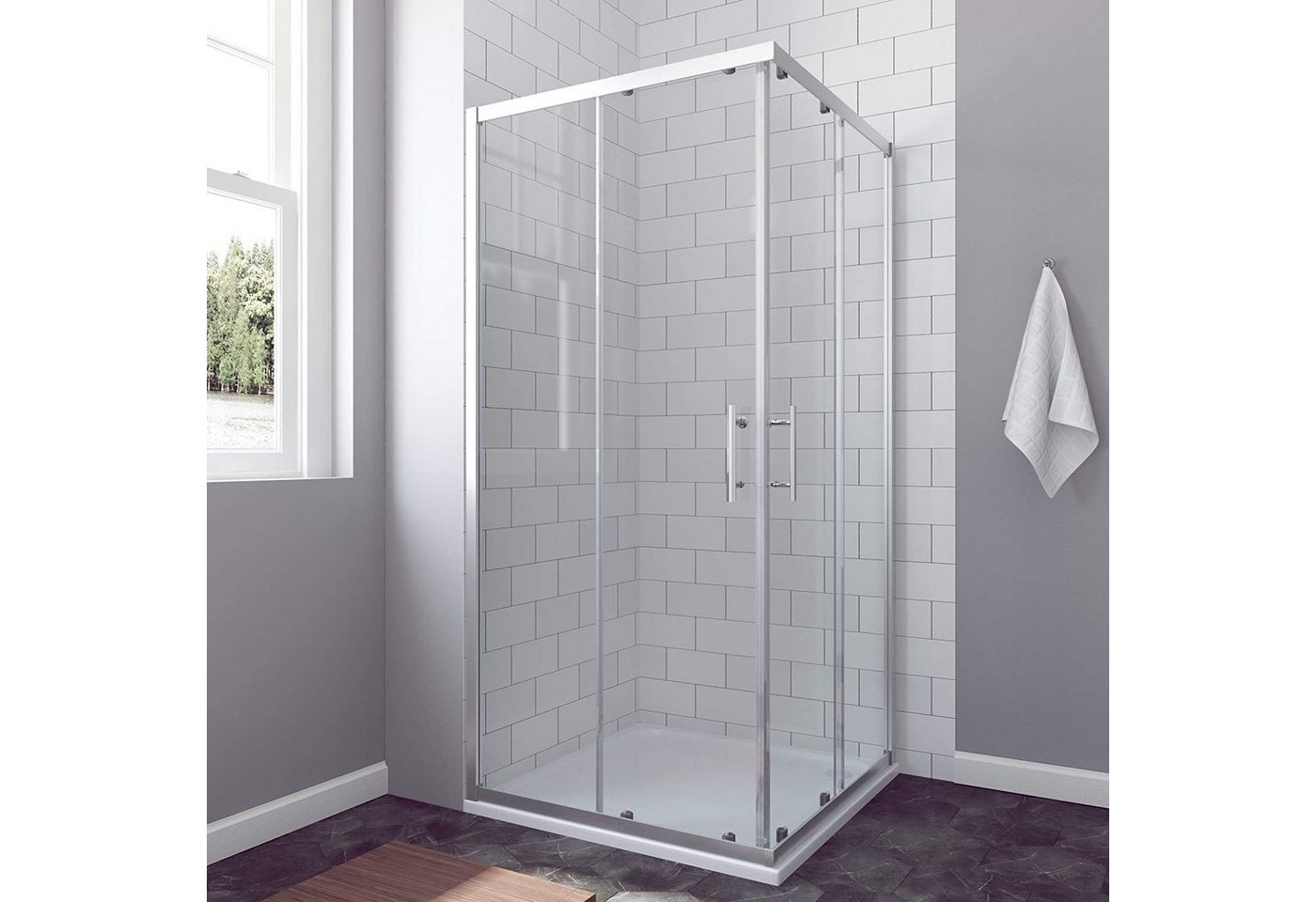 AQUABATOS Eckdusche Duschkabine Eckdusche Schiebetür Eckeinstieg Duschabtrennung Glas, BxT: 80x80 cm, Einscheibensicherheitsglas (ESG), Höhe 185 cm, Diverse Größen, mit Schiebetüren und Festteil, Ebenerdige Montage möglich, Sicherheitsglas, Echtglas, mit großem Verstellbereich, Umlaufende Aluminiumprofile in Chromoptik von AQUABATOS