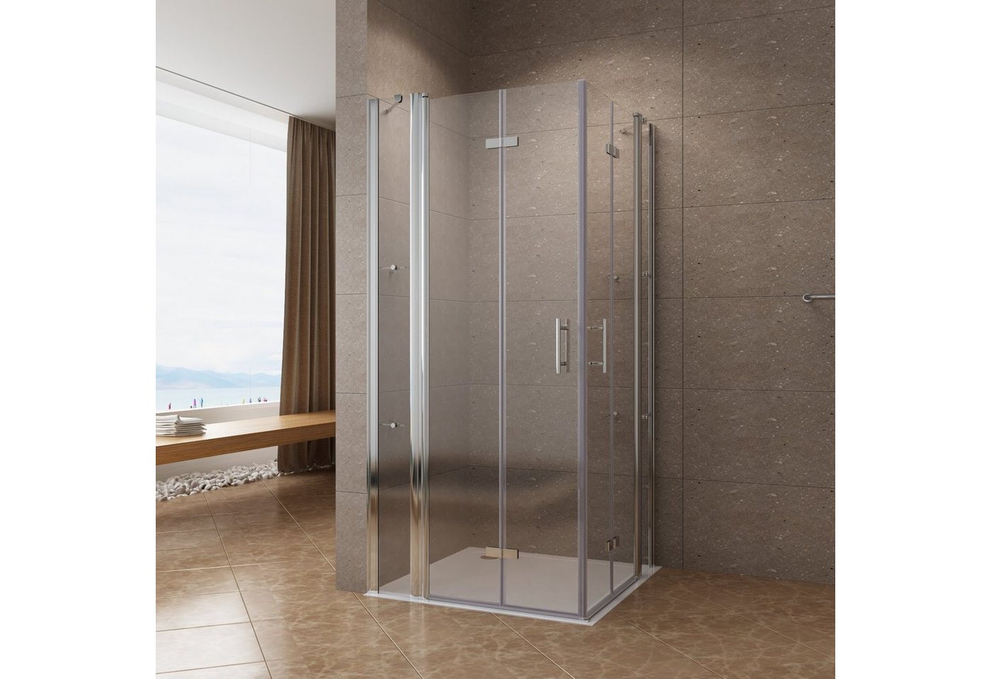 AQUABATOS Eckdusche Duschkabine Pendeltür Falttür mit Festteilen und Duschablagen, BxT: 90x90 cm, 6 mm Einscheibensicherheitsglas, Nano Beschichtung,großer Verstellbereich,barrierefrei,rahmenlos von AQUABATOS