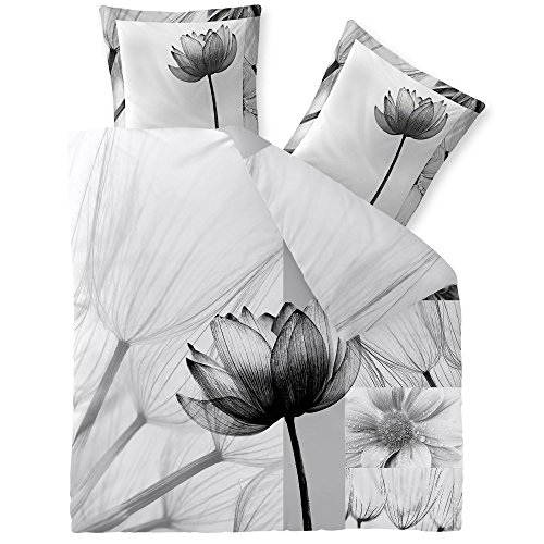 aqua-textil Trend Bettwäsche 200x200 cm 3tlg. Baumwolle Bettbezug Flora Blumen Weiß Grau Schwarz von aqua-textil