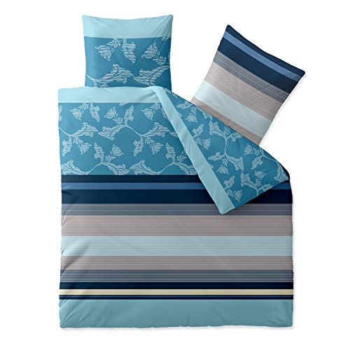 aqua-textil Trend Bettwäsche 200x200 cm 3tlg. Baumwolle Bettbezug Isabis Streifen Blumen Blau Türkis Beige von aqua-textil