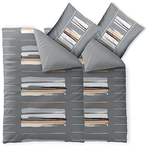 aqua-textil Trend Bettwäsche 135x200 cm 4tlg. Baumwolle Bettbezug Hanaa Streifen Grau Weiß Beige von aqua-textil