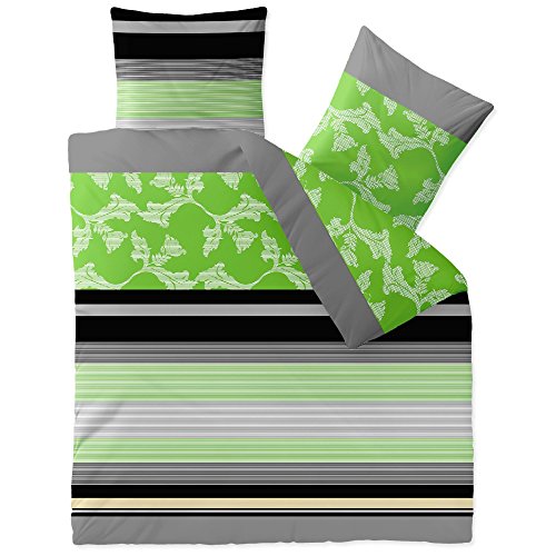 aqua-textil Trend Bettwäsche 200x200 cm 3tlg. Baumwolle Bettbezug Imani Streifen Blumen Grün Grau Schwarz von aqua-textil