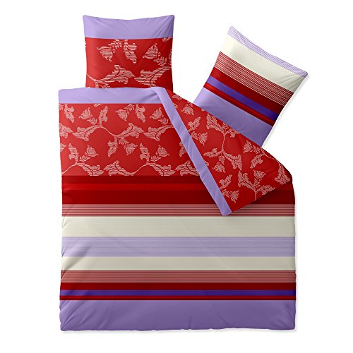aqua-textil Trend Bettwäsche 200x200 cm 3tlg. Baumwolle Bettbezug Imara Streifen Blumen Rot Weiß Violett von aqua-textil