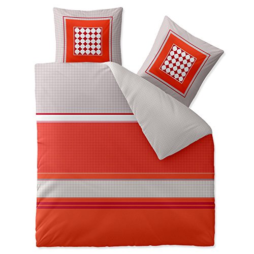 aqua-textil Trend Bettwäsche 200x200 cm 3tlg. Baumwolle Bettbezug Tabita Streifen Punkte Grau Rot Orange von aqua-textil