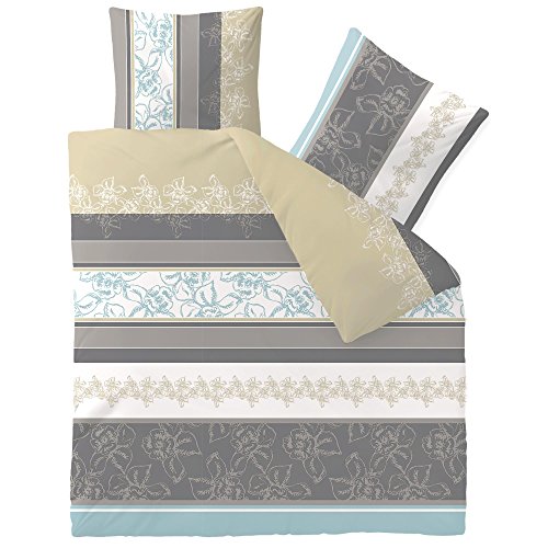 aqua-textil Trend Bettwäsche 200x220 cm 3tlg. Baumwolle Bettbezug Vanesa Blumen Streifen Weiß Grau Beige von aqua-textil