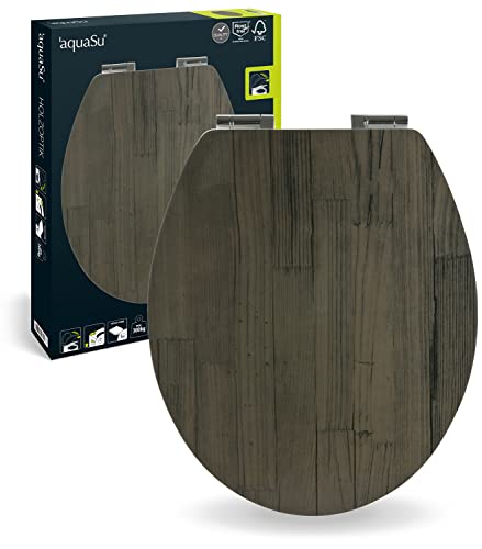 SITZPLATZ WC-Sitz mit Absenkautomatik, Holz Dekor Holz-Optik Anthrazit, Toilettensitz mit Holzkern, universale O Form, mit Schnellbefestigung, Metallscharniere, ovaler Toilettendeckel Holz, 40394 8 von aquaSu