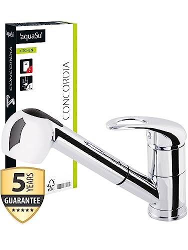 'aquaSu® 77215 0 Einhandmischer Concordia für Spüle Niederdruck, Küchenspüle | Mit Geschirrbrause Chrom von aquaSu