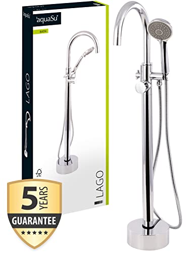 'aquaSu® Badewannenarmatur freistehend Lago mit Wassersparmischdüse, Wasserhahn Wanne, Wannenarmatur mit Brausegarnitur, Einhebelmischer mit Handbrause, Keramikkartusche, Messing, chrom, 796231 von aquaSu