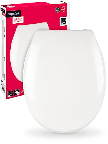 'aquaSu® Basic, WC-Sitz in Weiß, Duroplast Toilettendeckel mit Absenkautomatik, Belastbar bis 200 kg, Standard O-Form, Take-Off, 409148 von aquaSu