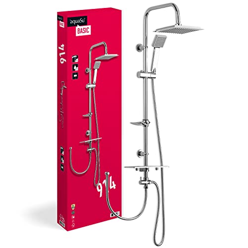 aquaSu® Basic Duschsystem 914 | Ø 7,5 cm Handbrause mit Regenstrahl | Ø 20 x 20 cm Kopfbrause | Anti-Kalk | Wassersparend | 95 cm Duschstange | Metall-Brauseschläuche Typ 1/2 ' | Chrom | 72791 4 von aquaSu