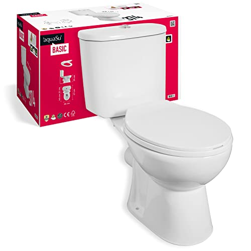'aquaSu® Basic WC-Kombination 374, Stand WC spülrandlos, Tiefspüler, Abgang waagerecht, Thermoplast WC-Sitz mit Absenkautomatik, Spülkasten Aufsatz-Montage, Set in weiß, 02037 4 von aquaSu