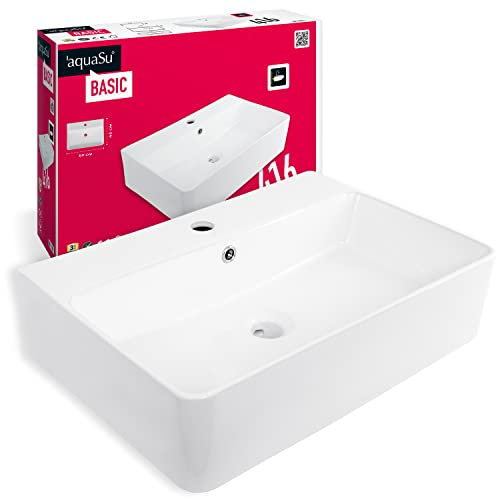 'aquaSu® Basic Waschtisch 416 | Waschbecken mit Überlauf und Hahnloch | 60 x 42 cm | Als Hänge-Waschtisch oder Aufsatzwaschbecken | Sanitärkeramik in weiß | 56241 6 von aquaSu