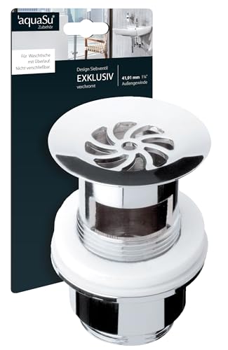 'aquaSu® Design Siebventil Exklusiv | nicht verschließbar | für Waschbecken mit Überlauf | chrom | rund | Standard-Anschluss: 1 1/4 | 25-55 mm Schaftlänge | Ø 63 mm | Metall | 22684 4 von aquaSu