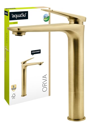 'aquaSu® Einhandmischer Orva für Waschtisch mit Wassersparmischdüse, ressourcensparende Kaltwassermittelstellung, hohe Waschbeckenarmatur, Wasserhahn für Aufsatzwaschbecken, Messing, in Bronze, 795807 von aquaSu