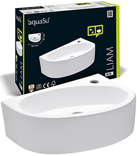 aquaSu® Handwaschbecken Liam 42 cm | Eck-Waschtisch mit Hahnloch | Kleines Hänge-Waschbecken rund | Wand- oder Aufsatzmontage | 42 x 29 cm | Sanitärkeramik in weiß | 56218 8 von aquaSu