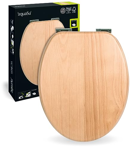aquaSu® Holz WC-Sitz mit Absenkautomatik Venezia | Toilettendeckel in Buche | Holzkern Toilettensitz | Fast-Fix | Metallscharnier | Universale O-Form | Oval | Echtholzfurnier Buche | 40309 2 von aquaSu
