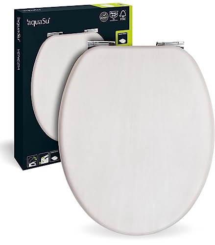 aquaSu® Holz WC-Sitz mit Absenkautomatik Venezia Weiß gekalkt, Schnellbefestigung, Metallscharnier, robuster Holzkern Toilettendeckel, ovaler O Form WC-Deckel, Holzfurnier Weiß gekalkt, 40308 5 von aquaSu