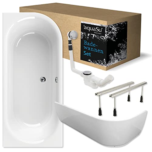 'aquaSu® Komplettset Acryl-Badewanne 180 x 80 cm | Duo-Badewanne Ovo | abgerundet, rechte Ausführung | Wannenschürze | Wannenfüße | Excenter-Ablaufgarnitur | Badewannen-Set | Weiß |83177 2 von aquaSu