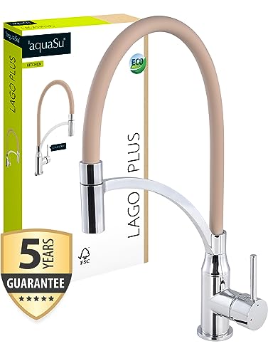 'aquaSu® Küchenarmatur Lago Plus, Kosten-sparende Kaltwassermittelstellung, Wasserspar-Kartusche, Auslauf biegsam und schwenkbar, Schaftbefestigung, Messingkern, chrom-latte, 796064 von aquaSu