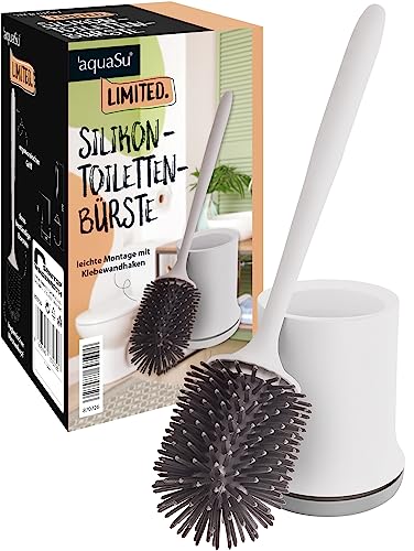 'aquaSu® Limited, Silikon-Toilettenbürste, mit Behälter, hygienischer Bürstenkopf, Wandmontage zum Kleben, formbeständige Borsten, ergonomischer Griff, grau, 870726 von aquaSu