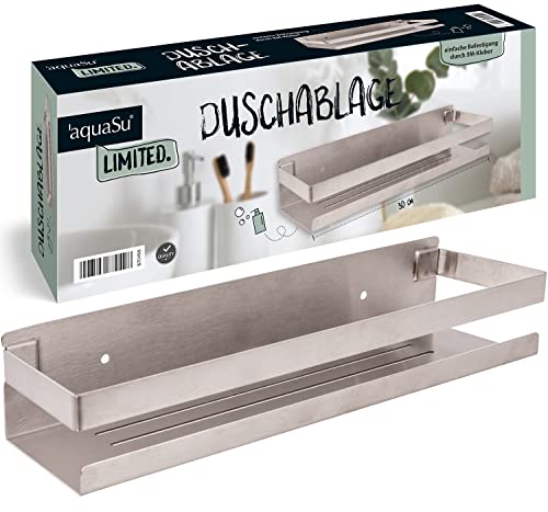 aquaSu® Limited Duschablage in Chrom gebürstet mit 3M-Kleber, Rückstandslos entfernen, Schraubmontage möglich, 300 x 100 mm, Tragkraft von bis zu 8 kg, Duschablage Edelstahl, 87049 8 von aquaSu