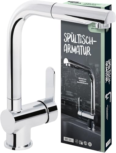 'aquaSu® Limited Küchenarmatur Spüle, Spültischarmatur mit ausziehbarer Geschirrbrause, Kosten-sparende Kaltwassermittelstellung, Wasserhahn Küche, Keramikkartusche, Messing, Chrom, 870306 von aquaSu