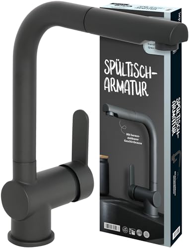 'aquaSu® Limited Küchenarmatur Spüle, Spültischarmatur mit ausziehbarer Geschirrbrause, Kosten-sparende Kaltwassermittelstellung, Wasserhahn Küche, Keramikkartusche, Messing, grau-matt, 870344 von aquaSu